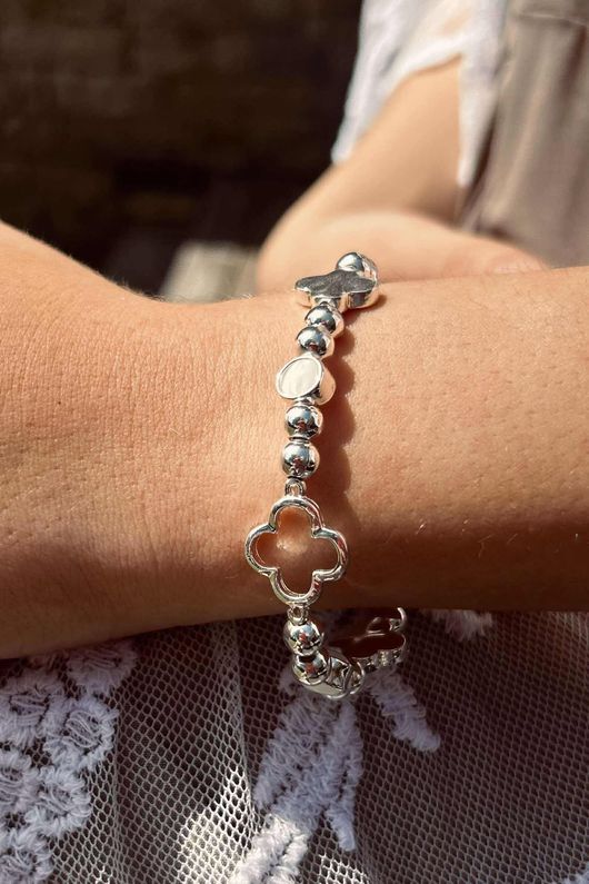 Laundry B Free Spirit Stretch Stacker Bracelet Clover and Moon Stone Silver 